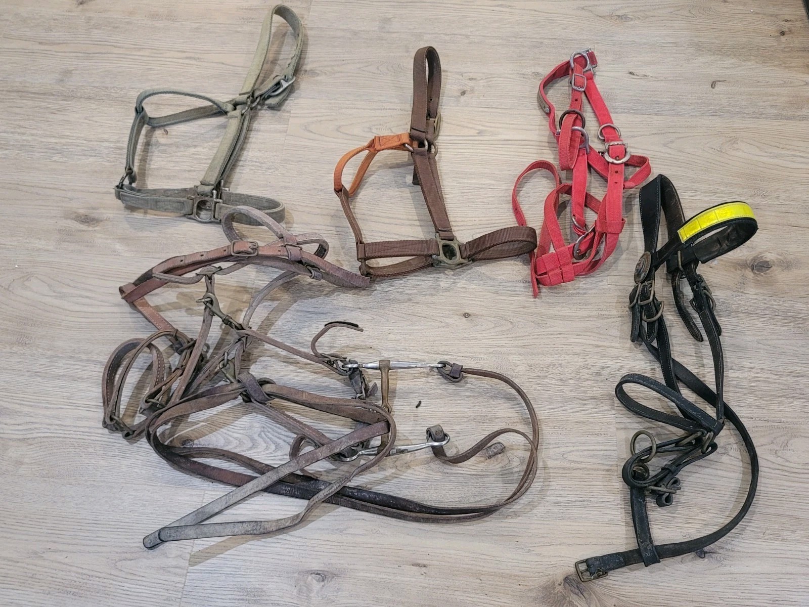 Western / Police Brown Leather and Nylon Horse Bridles Lot of 5