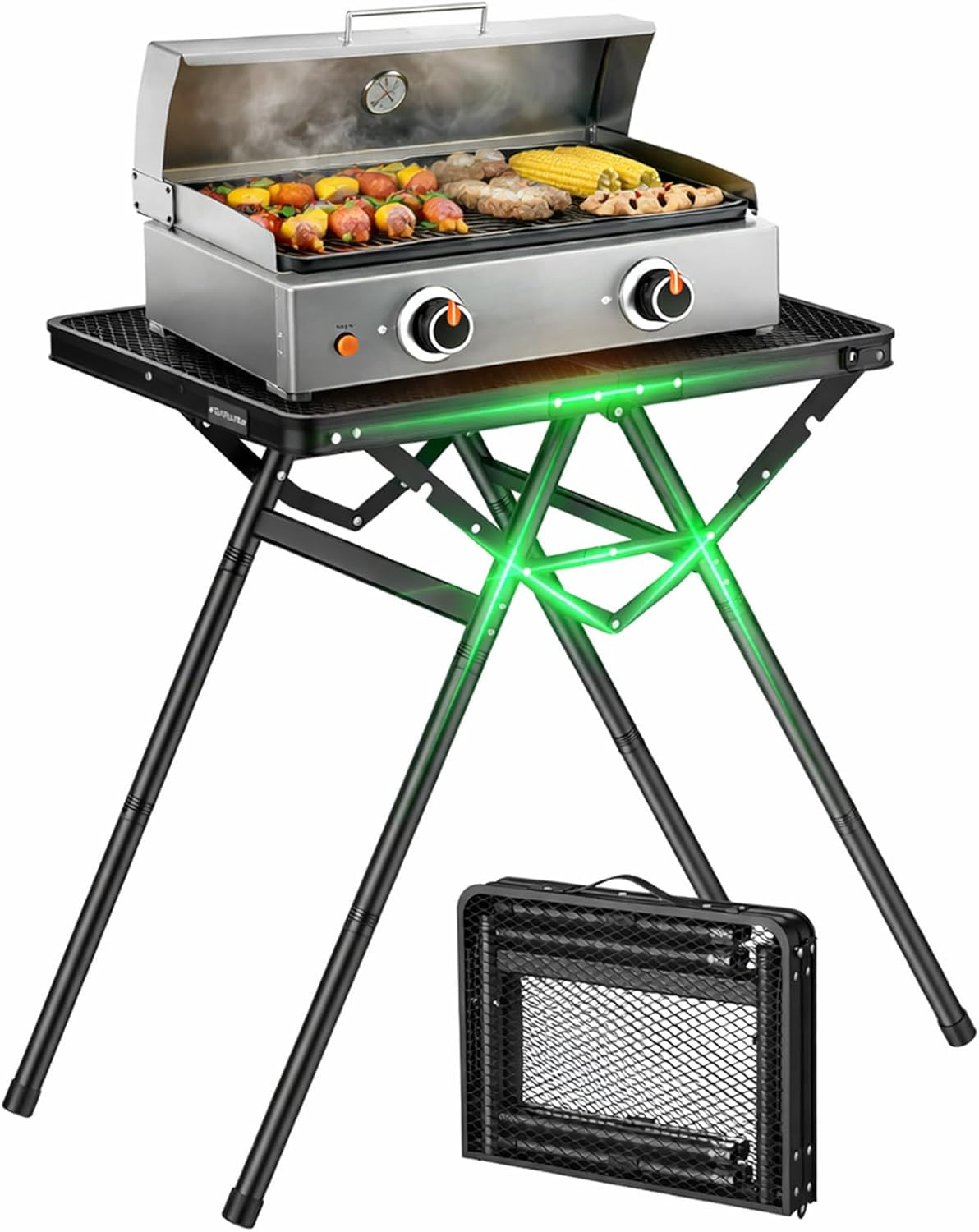 Folding Grill Table Max Capacity 180 Lbs, 3 Adjustable Height Camping Table with