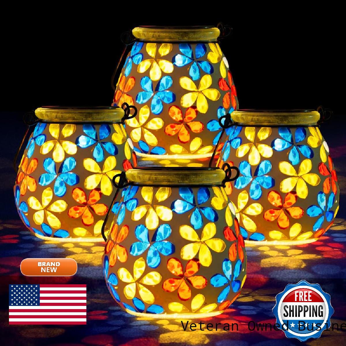 Stargarden 4Pack Mosaic Solar Lanterns Glass Hanging Lantern Waterproof Outdoor