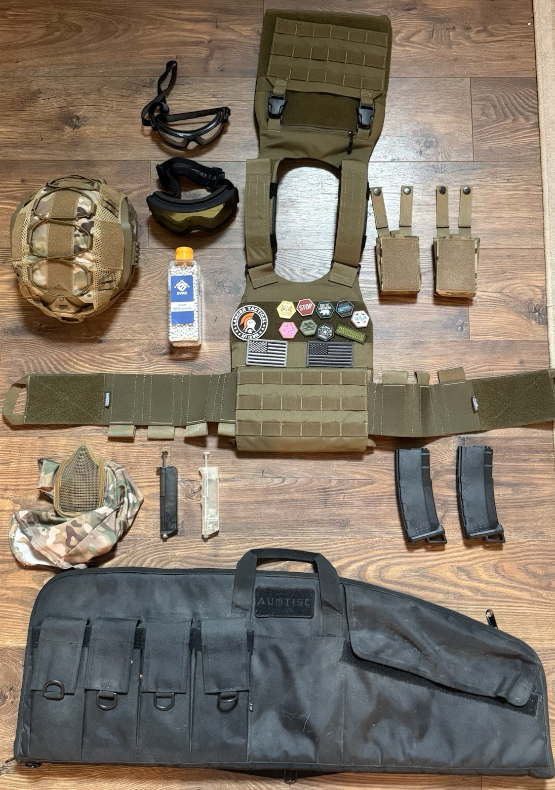 Airsoft Accessory Lot: 6mm BBs, Goggles, Mesh Mask, Vest, Mags, Bag