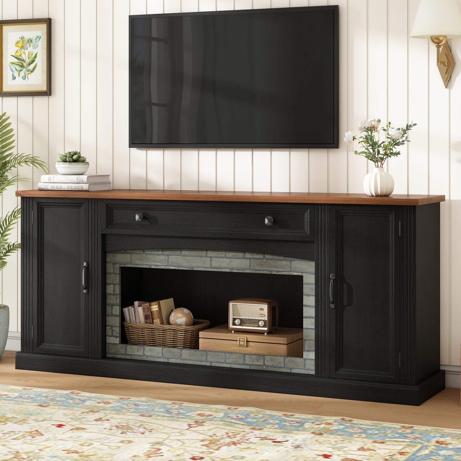 TV Stand Modern Walnut Top Gray Brick MDF Sliding Door Fits 70 In TV 66.9 In