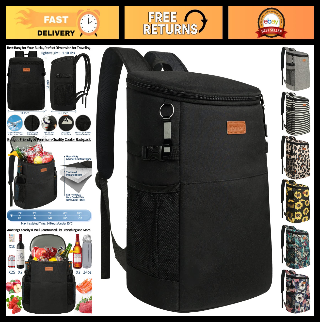 Insulated Camping Cooler Backpack - Holds 30-45 Cans, Waterproof & Leak Proof, I