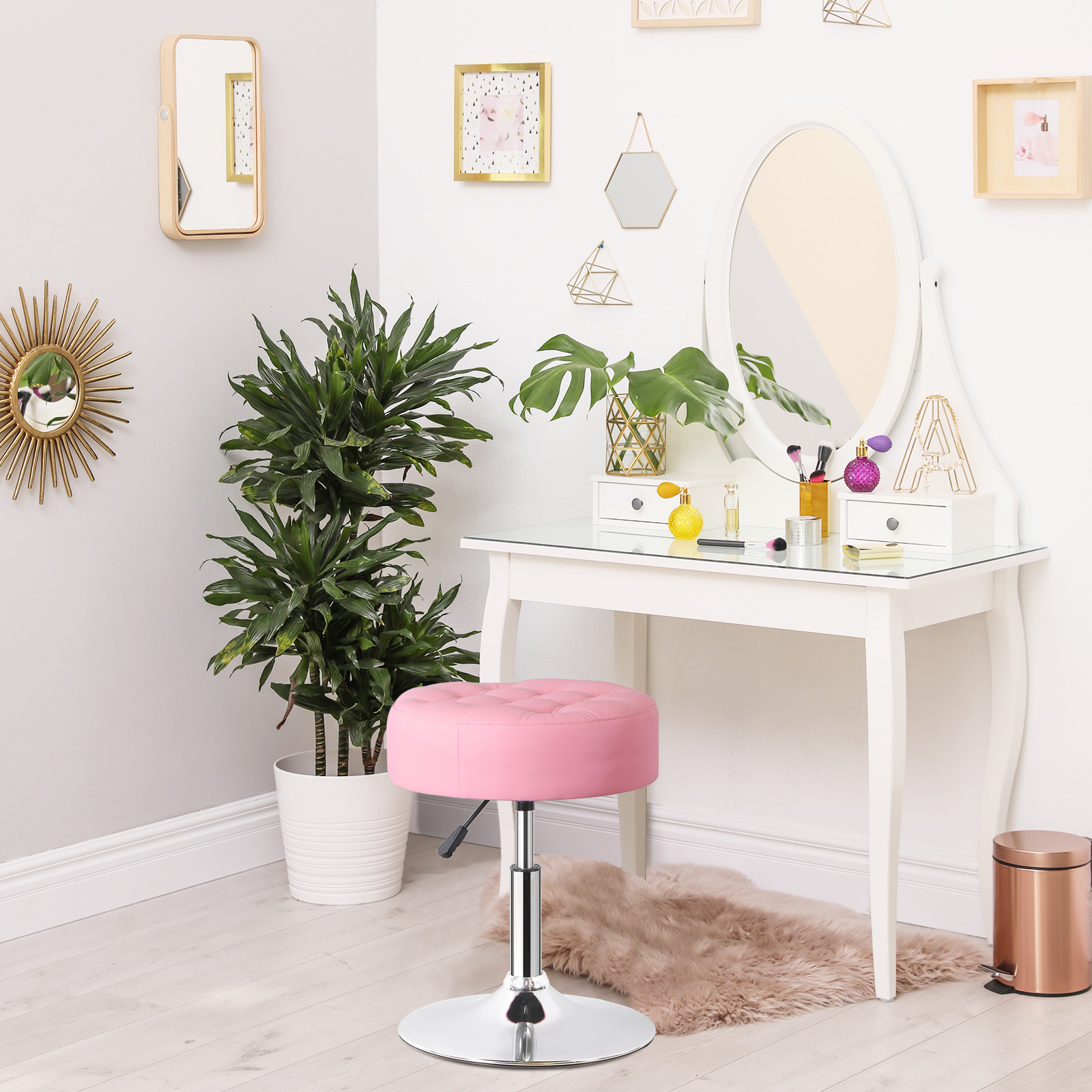 2 PCS Pink Vanity stool for Makeup Room Adjustable Height PU Leather Bar Stool