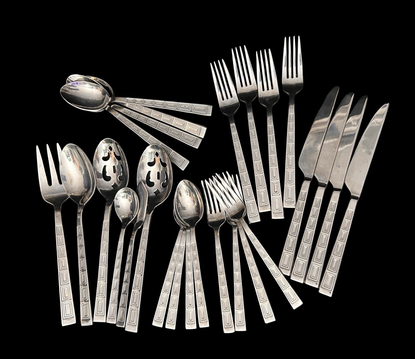 31pc Set Pfaltzgraff Stainless CORONA MCM Art Deco & Serving Pcs Serves 5