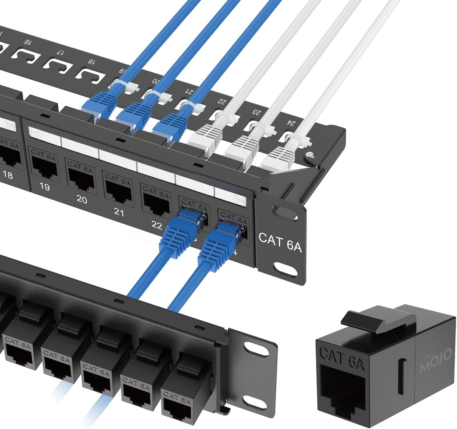 Tecmojo UL Listed 24-Port Cat6A UTP Patch Panel with Lnline Keystone Couplers, 1
