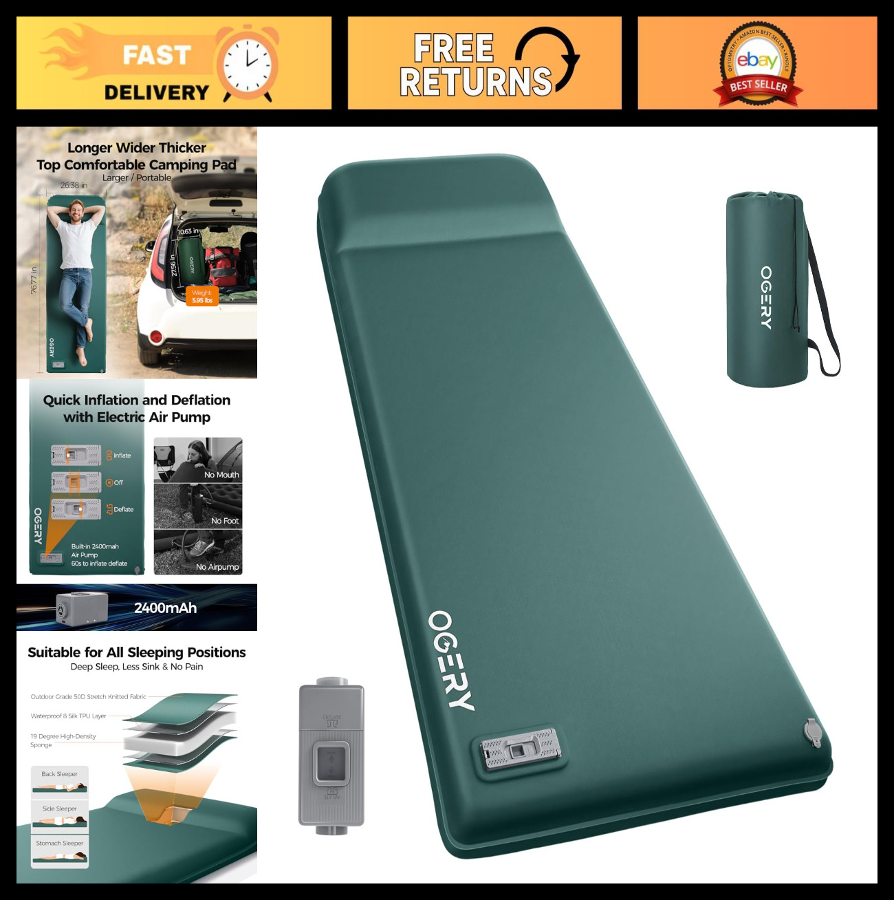 Self-Inflating Camping Sleeping Pad with Electric Pump, 3.15" Thick Memory Foam,