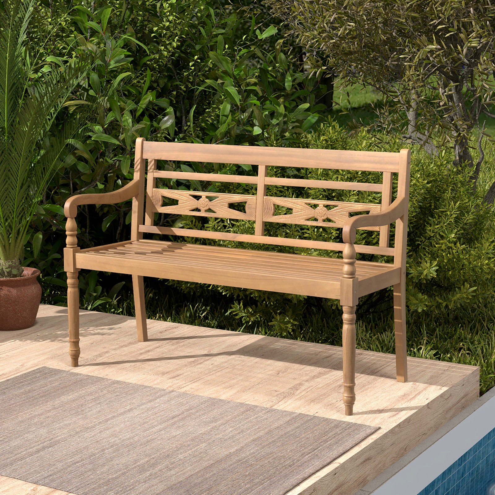 2-Person Garden Bench w/ Wide Backrest & Curved Armrests for Backyard