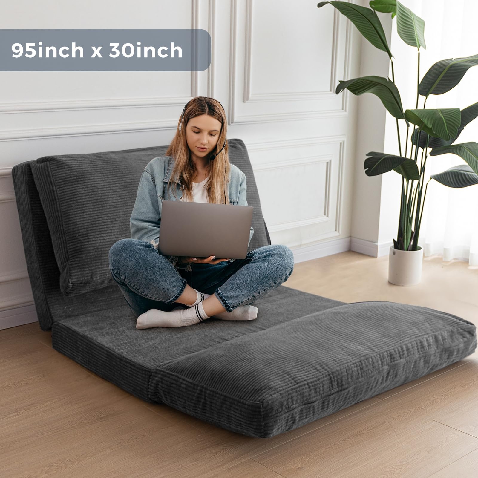 Folding Sofa Bed, Extra Thick and Long Floor Sofa Convertible Sleeper Chair w...