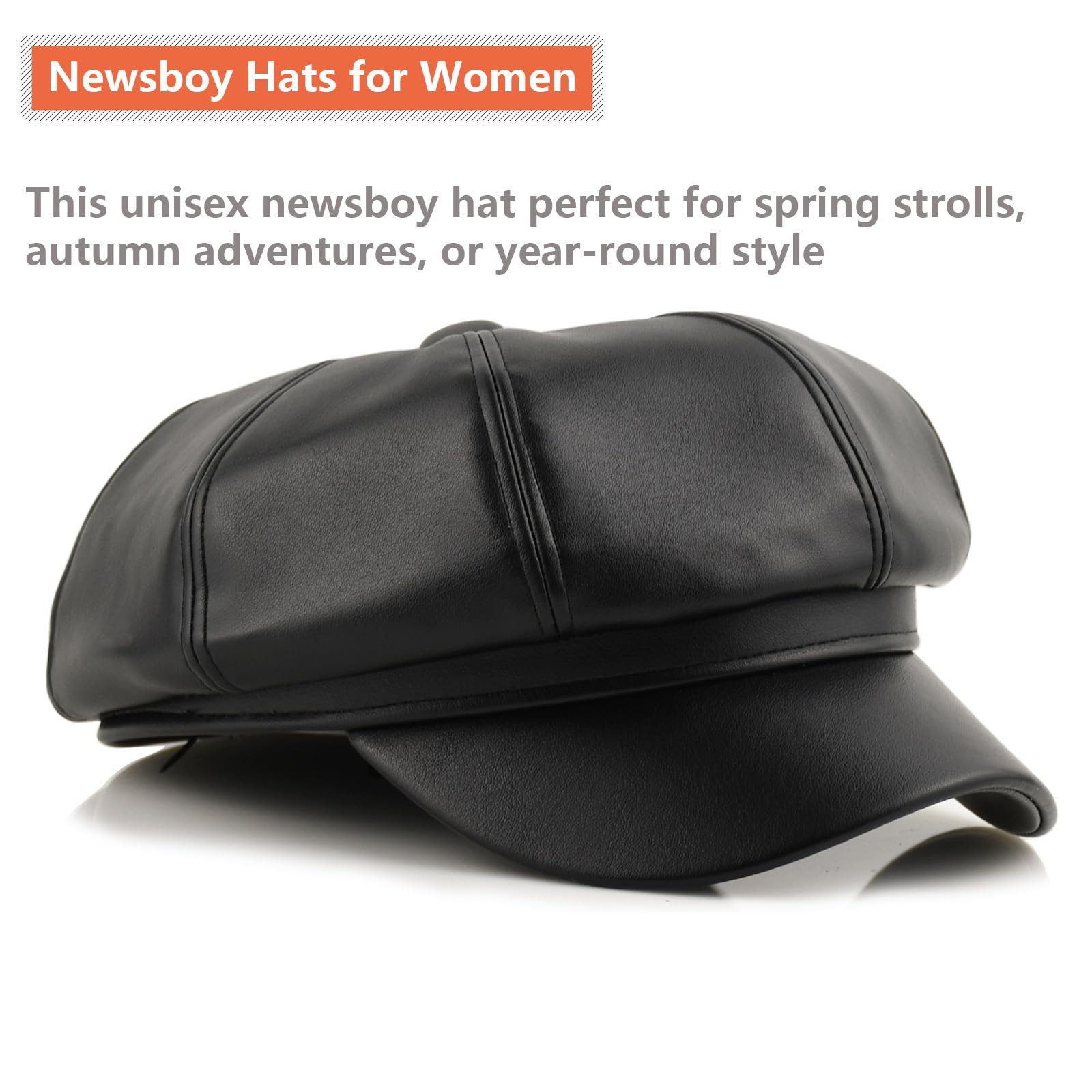 Black Leather Newsboy Hat for Women - Spring Newsboy Beret for Men British Sa...