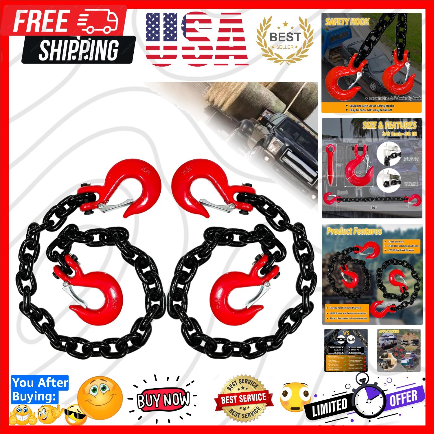 2 Pack 3/8" Trailer Safety Chains G80 36" Trailer Chains with G70 2× Clevis S...