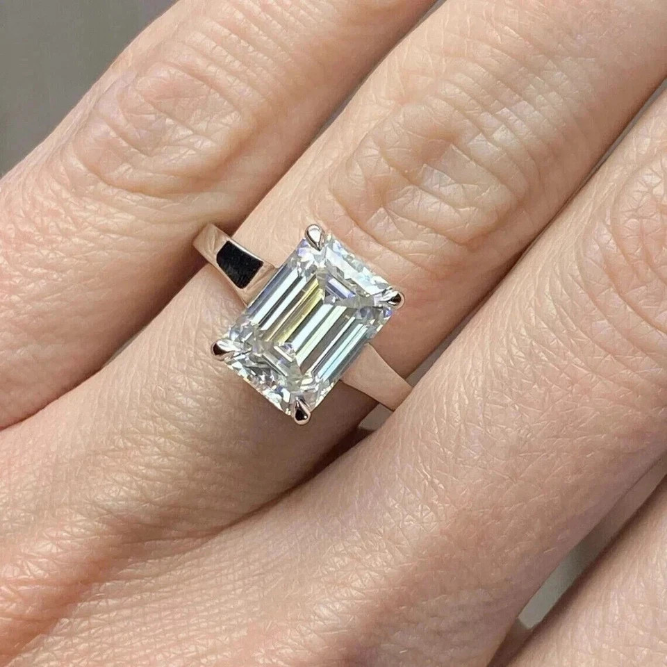 White Moissanite 3.70 Ct Emerald Cut Prong Engagement Ring 925 Sterling Silver