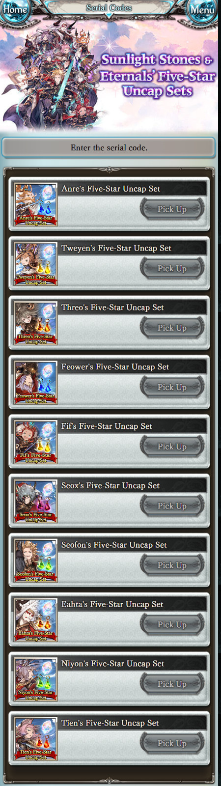 Granblue Fantasy Fes 2023 EXTRA Sunlight Stone Eternals Sets only serial code