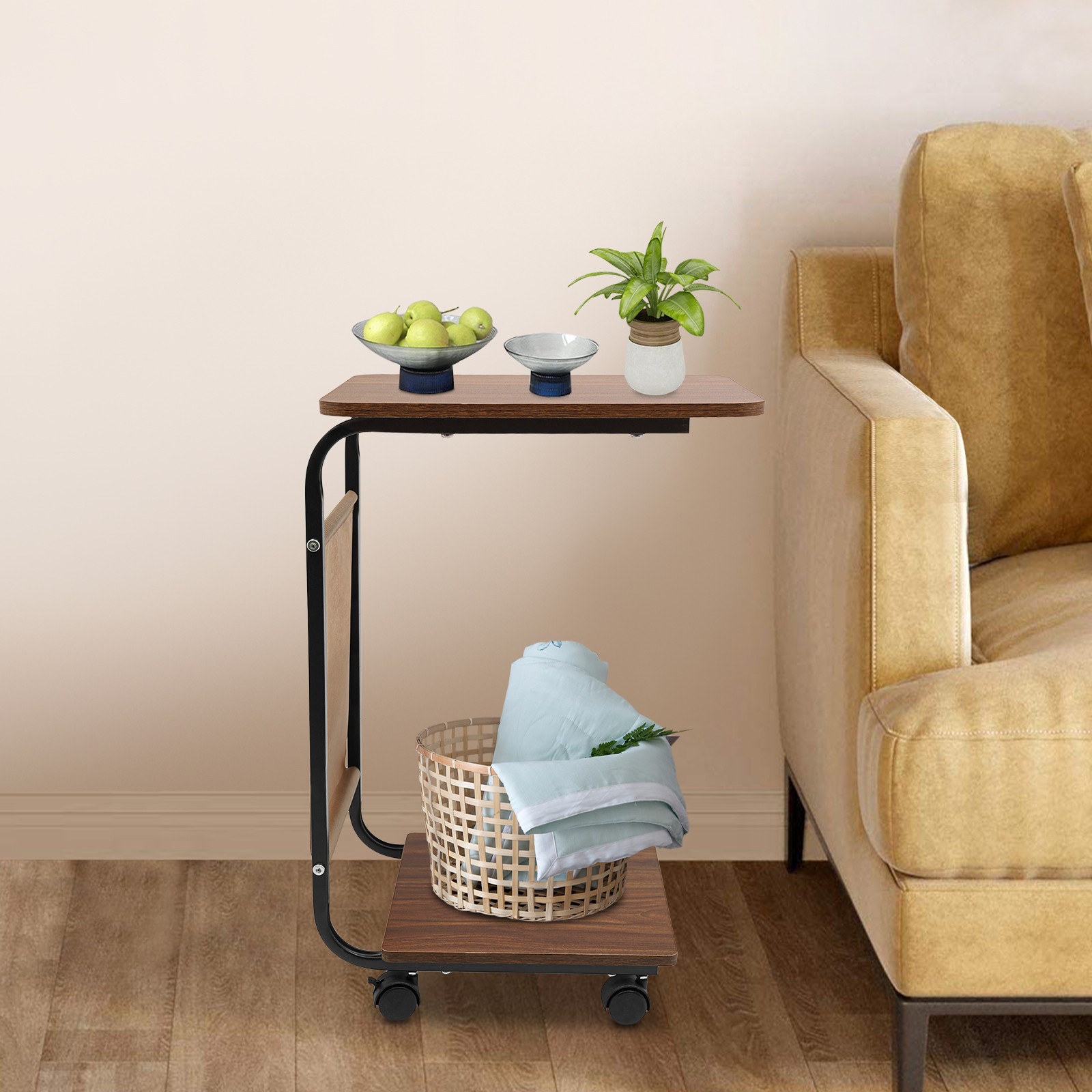 2 Tiers Coffee Table C-Shaped Side Table Brown End Table W/ Cloth Bag & 4 Wheels