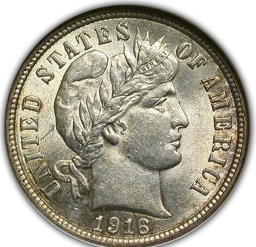 1916 BARBER DIME ANACS MS 62 SMALL WHITE HOLDER, CRISP AND SPARKING SILVER
