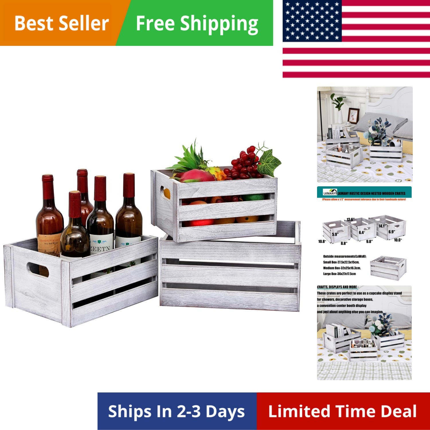 Storage Crates 3 Pcs Wooden Crates Decorative Boxes,Nesting Storage Container...