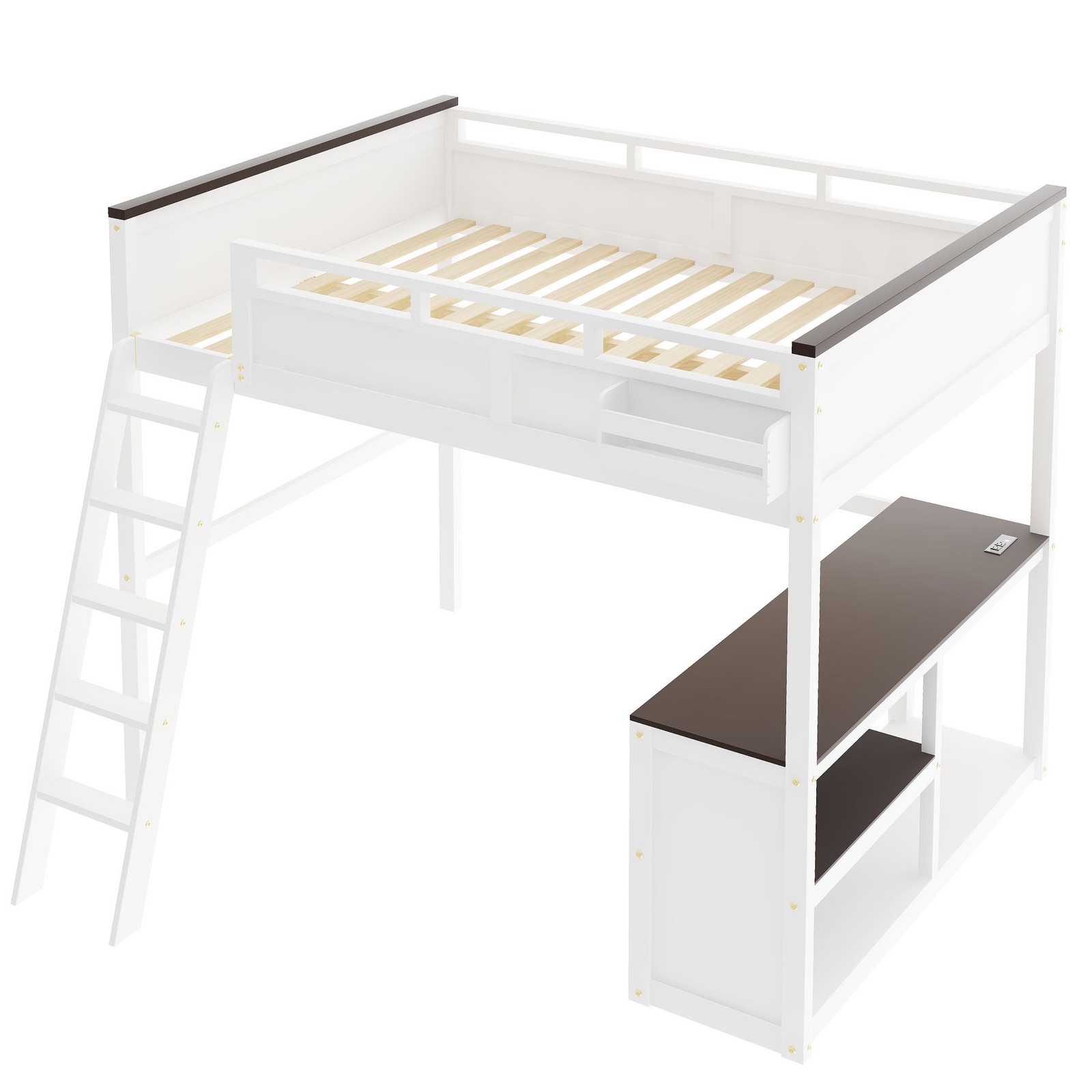 Queen Size Loft Bed with Desk Ladder Storage Shelf Solid Wood Bedroom Bed Frame