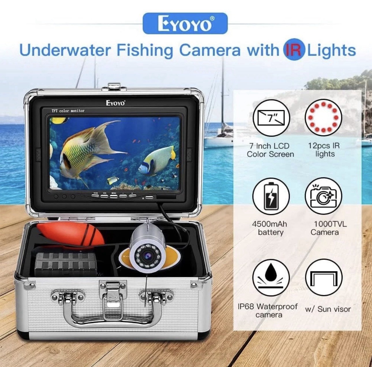 Eyoyo 15m/49ft Underwater Fishing w/ 7” Monitor, 1000TVL IR Camera Fish Finder
