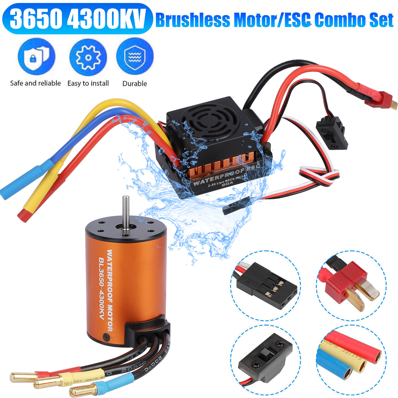 Waterproof 3650 4300KV Brushless Motor w/ 60A ESC Upgrade Combo for 1:10 RC Car