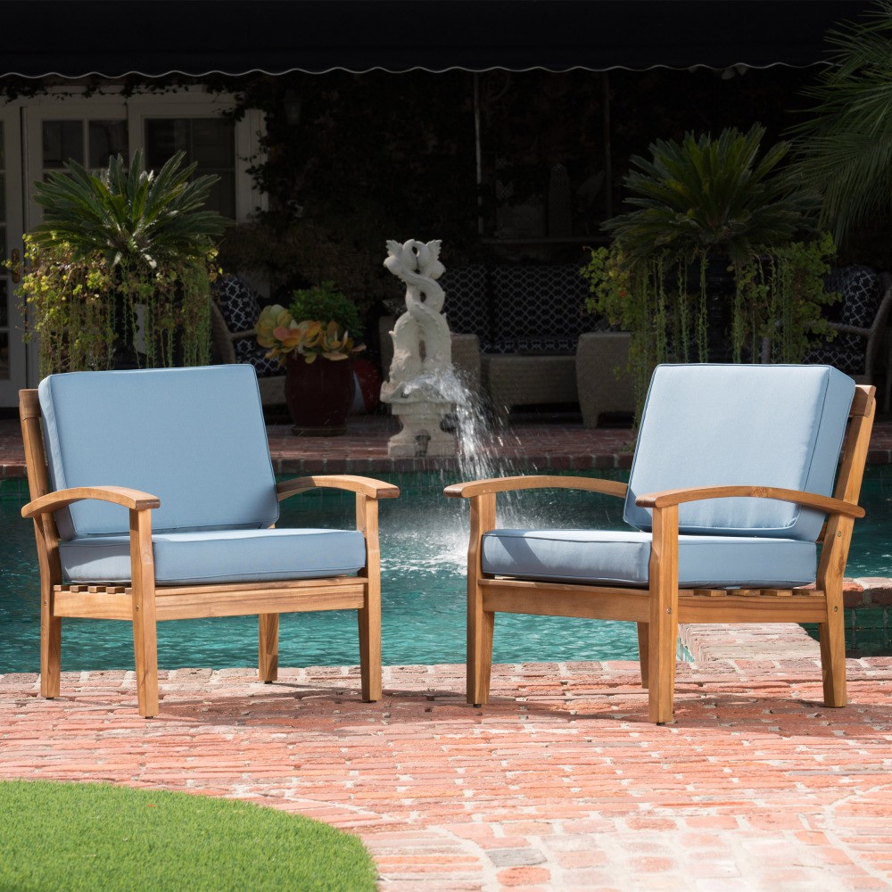 Acacia Wood Club Chair for Outdoor, Teak Color, Water Resistant Cushion, 32.5"D