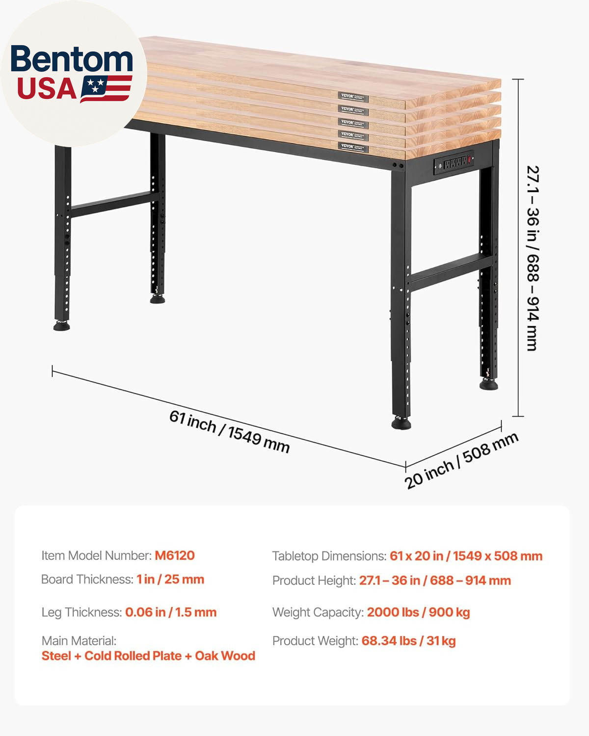 Adjustable Workbench, 2000 Lbs Capacity, 61 X 20-Inch Heavy Duty Work Bench with