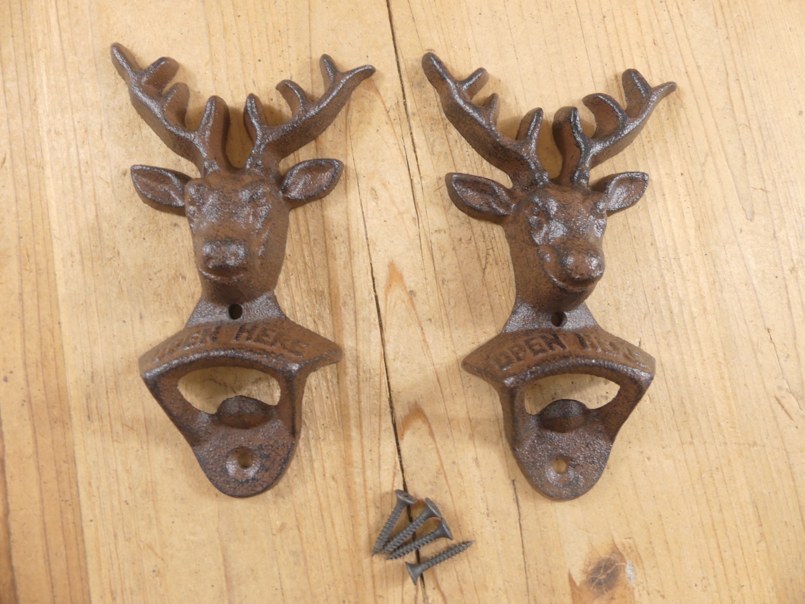 2 Cast Iron Deer Bottle Openers Open Here Opener Decor Beer Bar Soda Wall Mount