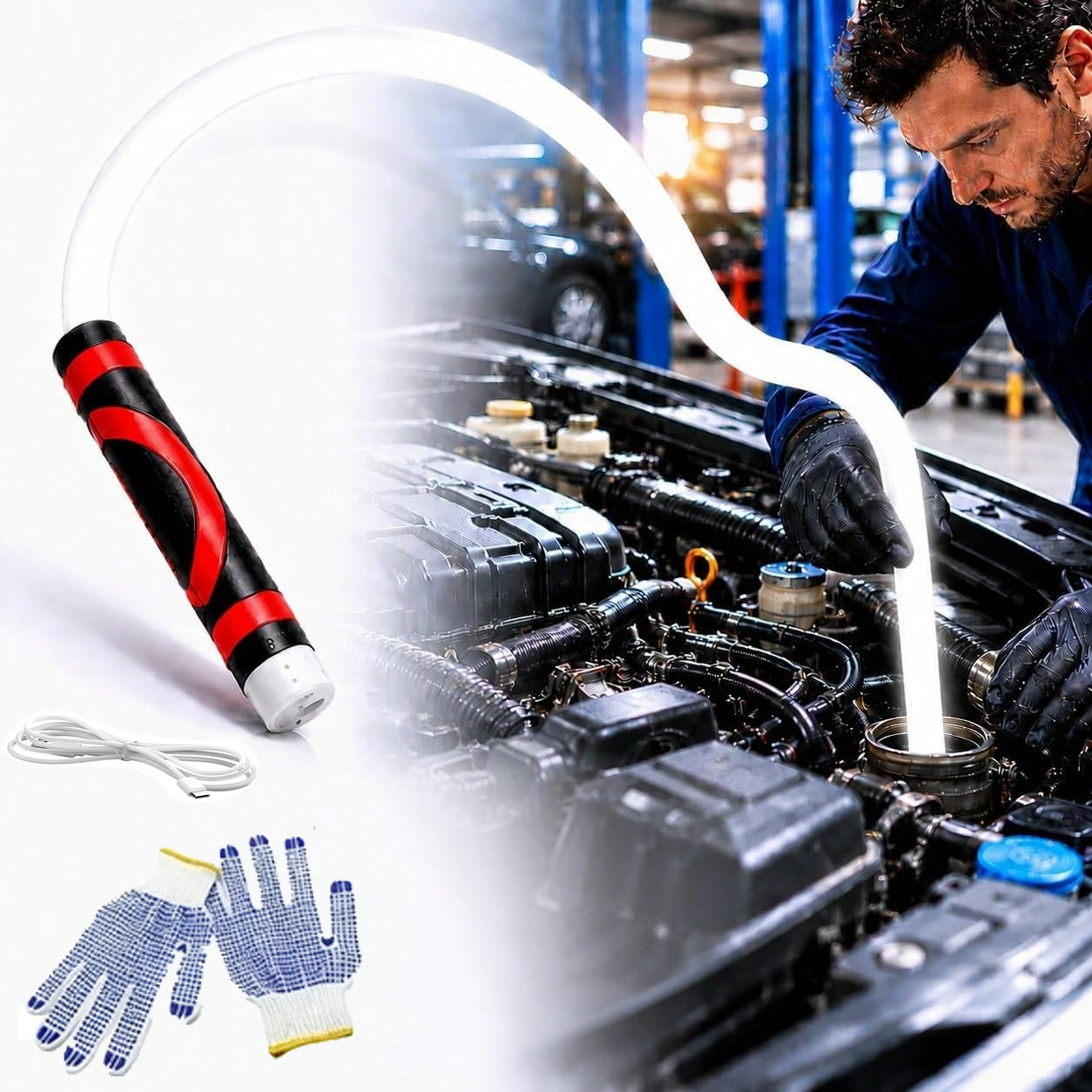 30" Flexible LED Flashlight Stick Bendable Mechanic Work Light Rechargeable USB