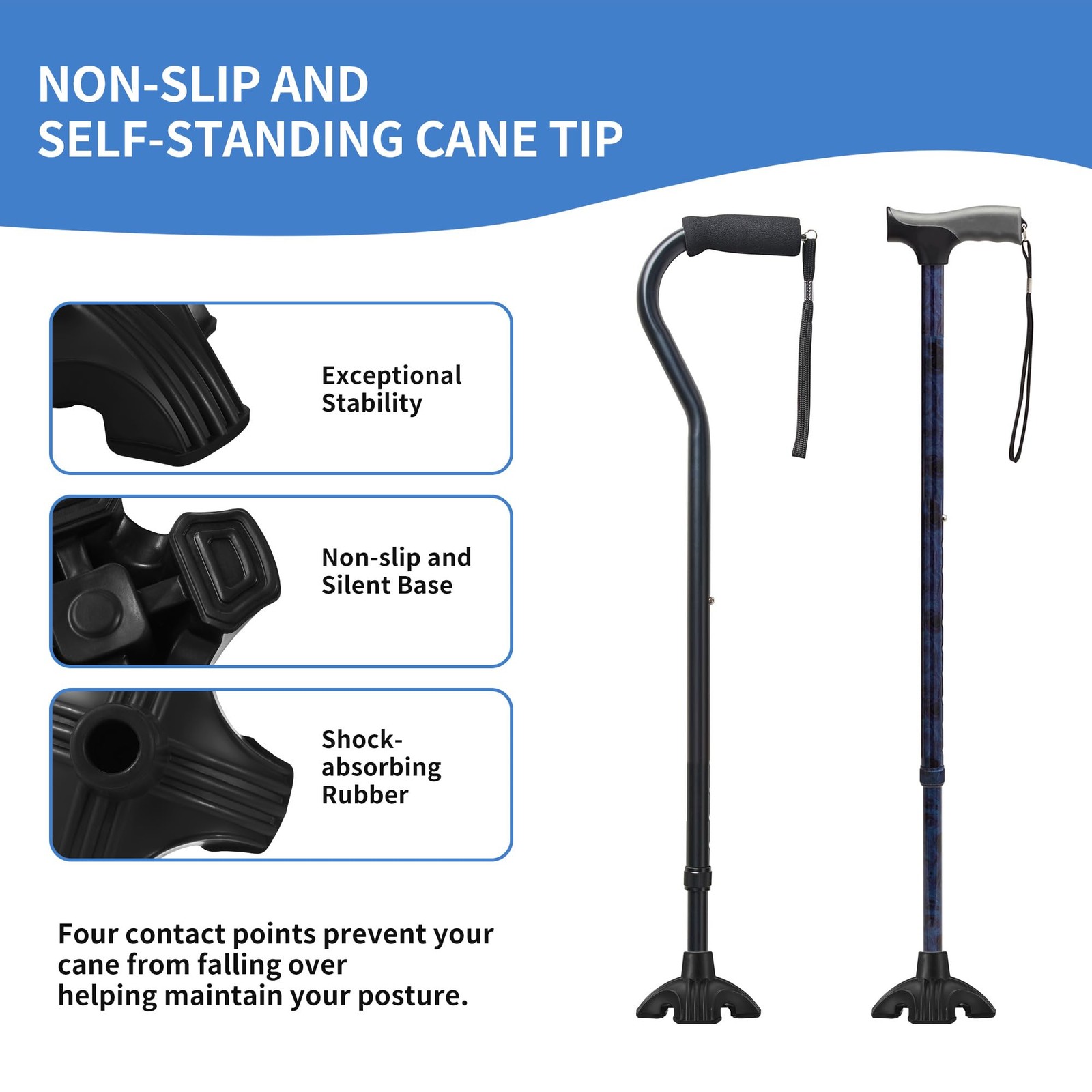 A.I.FORCE Cane Tip - Self Standing Foot Replacement, 5/8 inch, Black