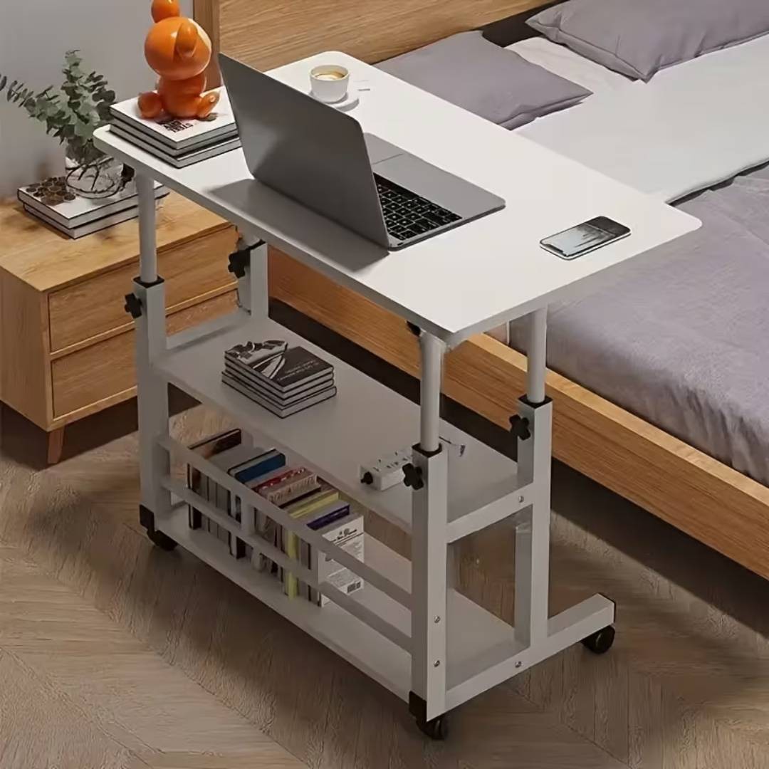 Overbed Bedside Table with Two Shelves and Wheels Adjustable Height for Bedroom