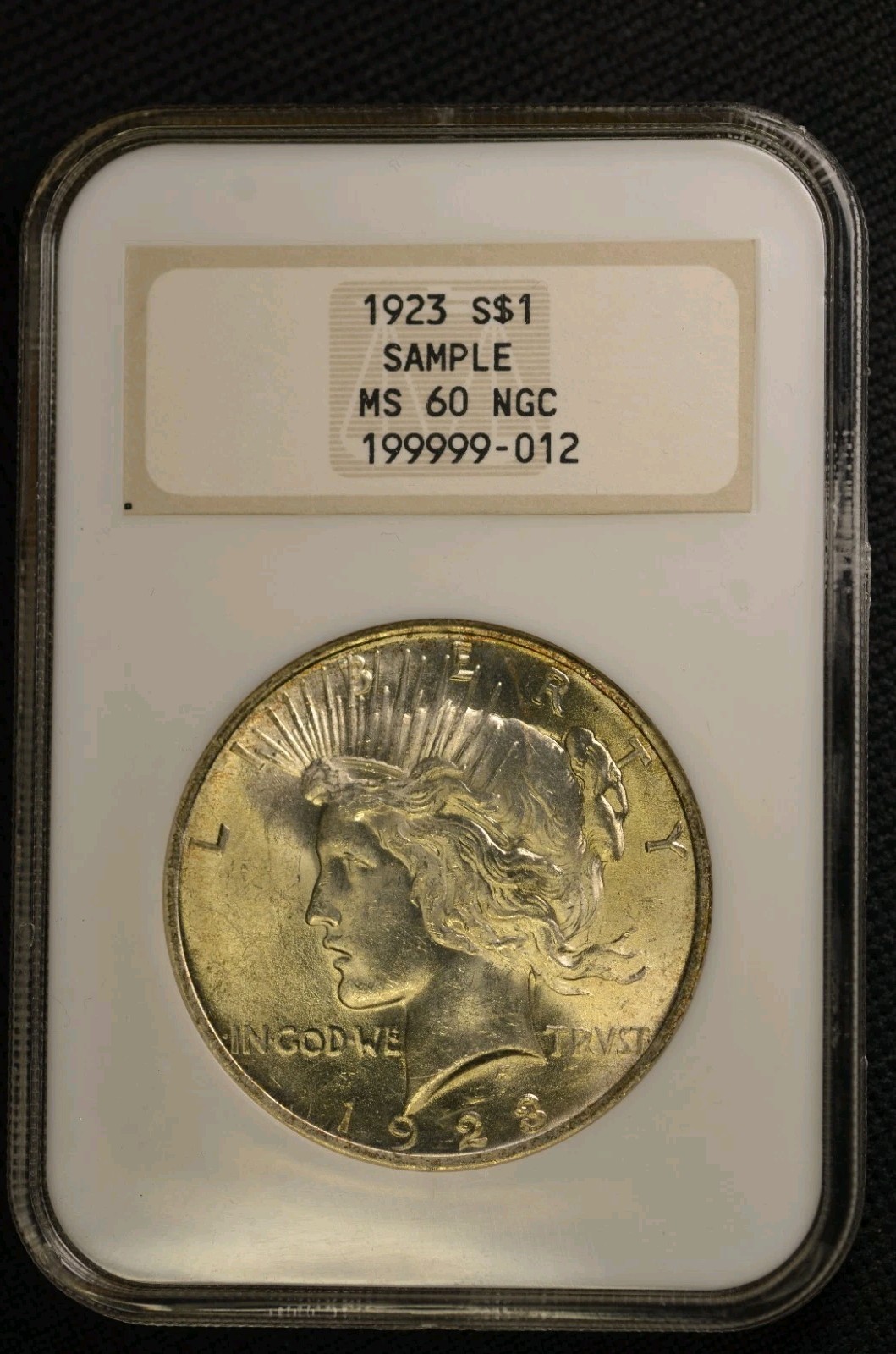 1923 PEACE SILVER DOLLAR IN RARE NGC SAMPLE TEST SLAB #199999-012 MS60