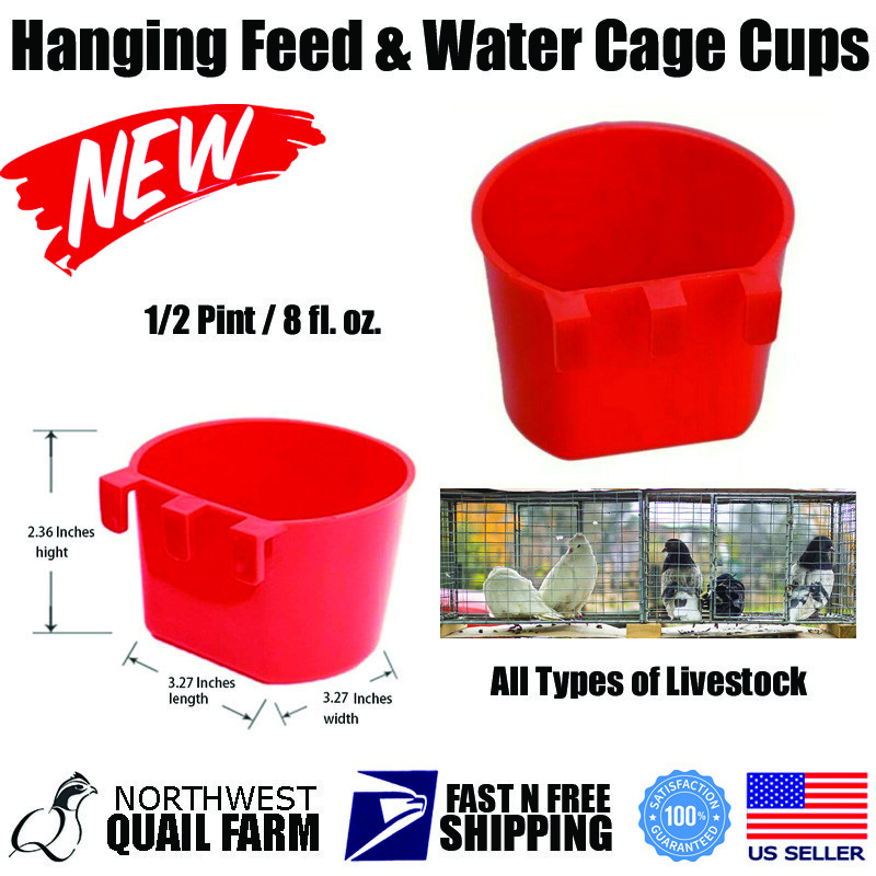 Hanging Feed & Water Cage Cups Chickens Poultry 1/2 Pint / 8 fl. oz