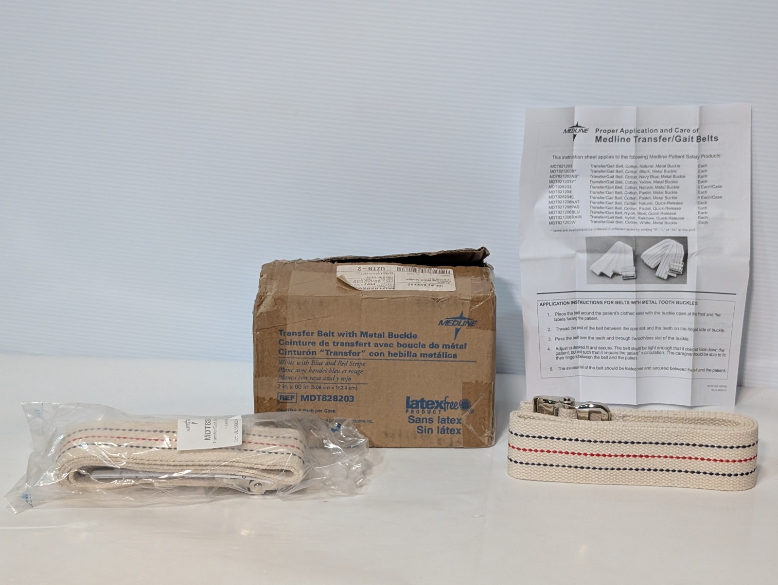 Lot of 4: Medline MDT828203 Cotton Transfer/ Gait Belts, Metal Buckle, Pinstripe