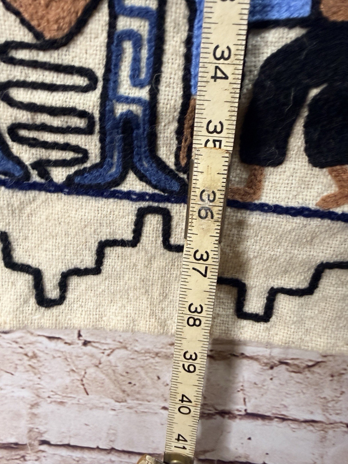 Vintage MCM Mid Century Peruvian Incan Gods Tapestry Embroidered Peru Blue Brown