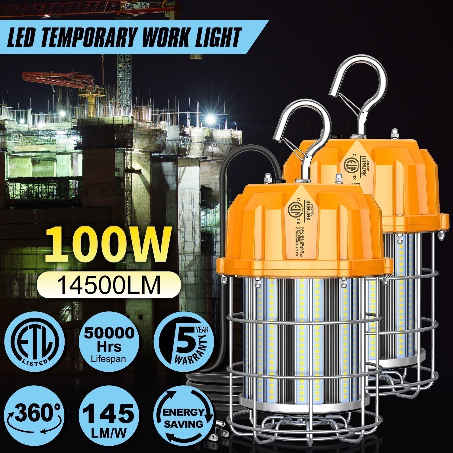 2Pack LED Temporary Work Light 100W Constructions Warehouse High Bay Light 5000K