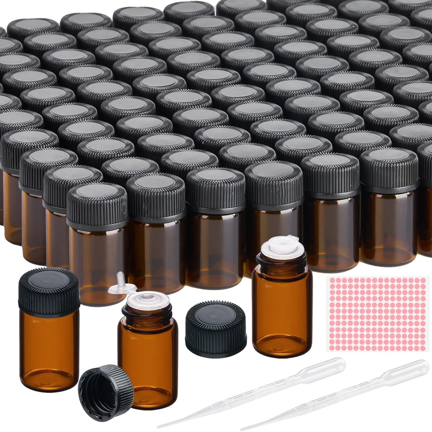 100Packs Essential Oil Sample Bottles 2Ml Drams Amber Glass Vials with Caps,