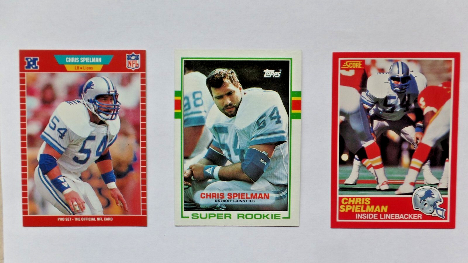 CHRIS SPIELMAN Rookie 1989 Pro Set - Topps - Score -  3 Card Lot Detroit Lions