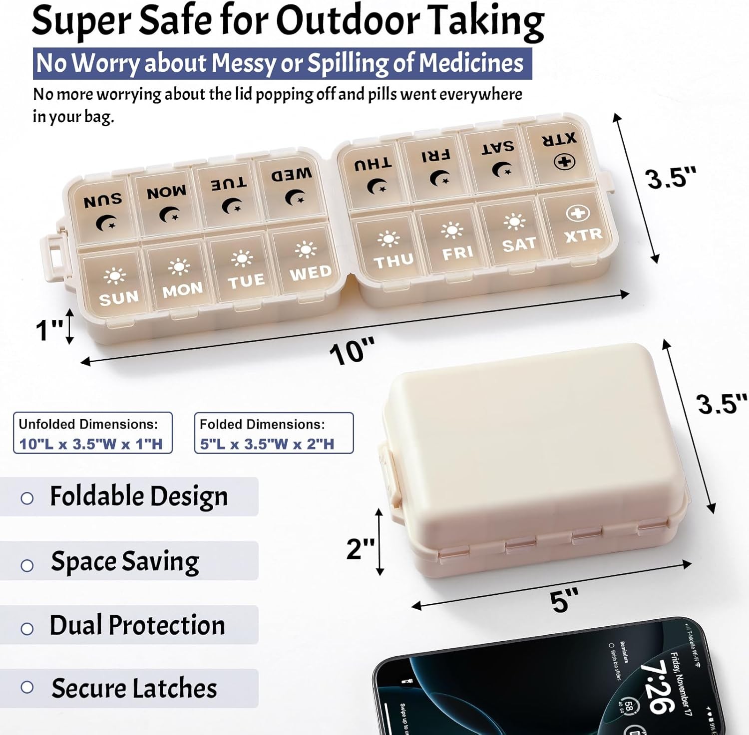 Foldable Weekly Pill Organizer 2 Times a Day with 2 Extra Compartments (