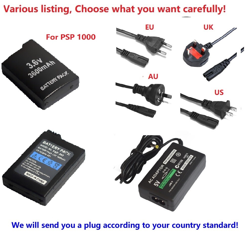 3600mAh Rechargeable Battery or AC charger for Sony PSP 1000 1001 Series Battery