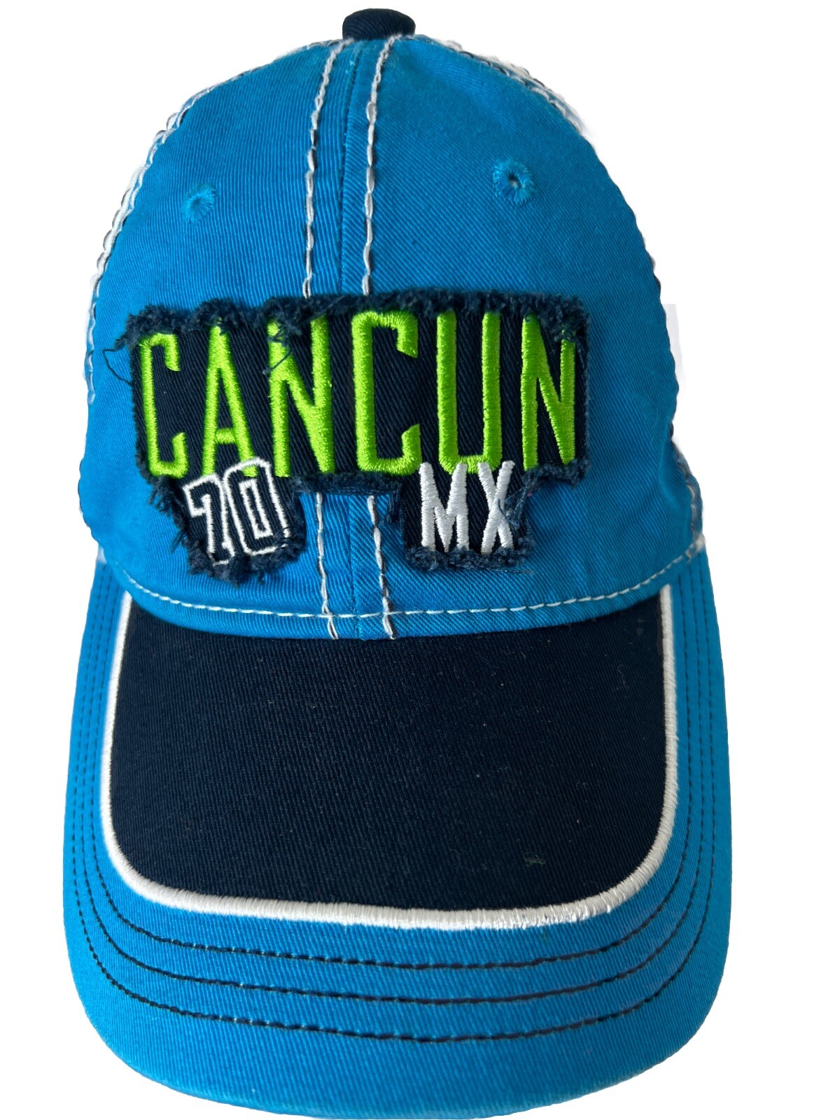 CANCUN 70s MX Hat Cap Lime Green on Navy Blue white and Bright Blue Strap Buckle