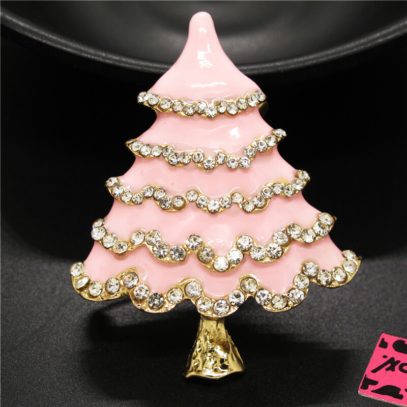 New Lady Fashion Pink Enamel Christmas Tree Crystal Women Charm Brooch Pin