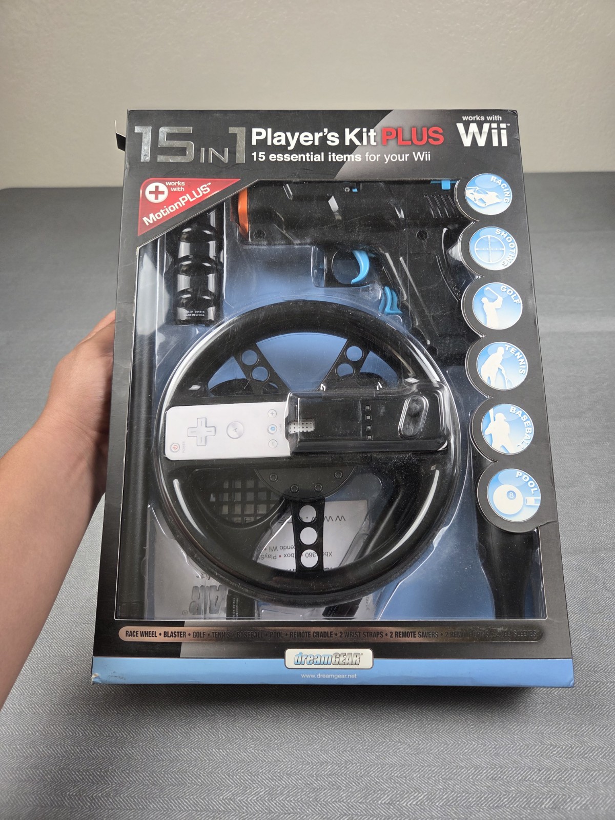 Wii Action Pack Sports Kit 15 In 1 Race Wheel Tennis Golf Baseball Pool Blaster