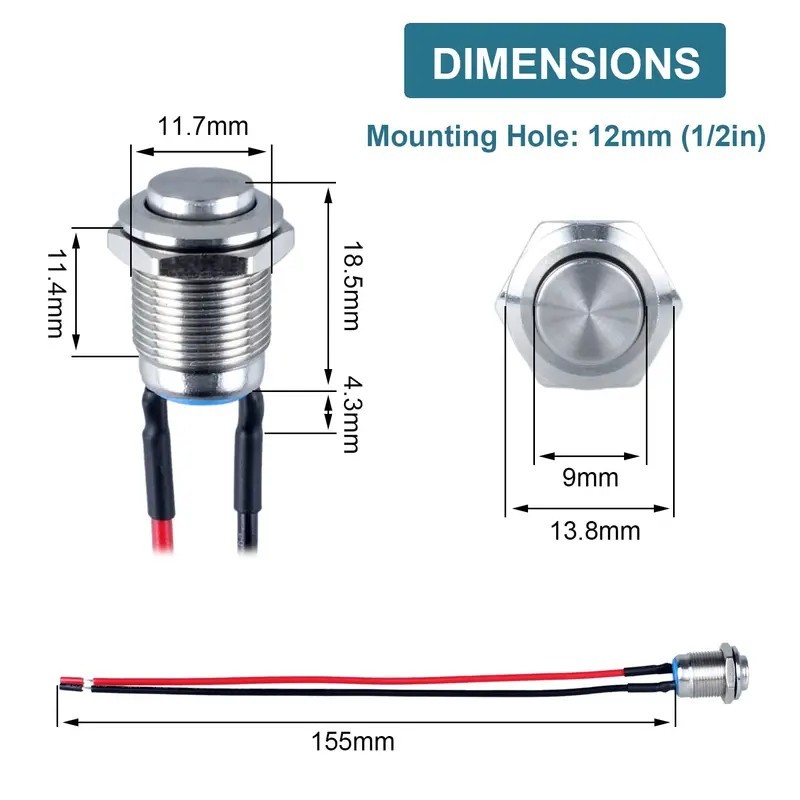 5-Pcs 12 mm Momentary Push Button Switch Waterproof Push Button Switch Round