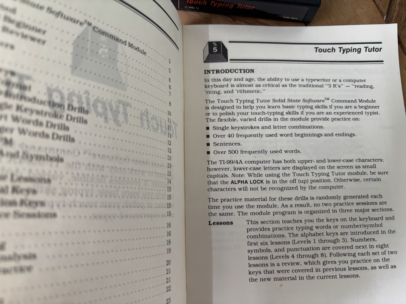 Touch Typing Tutor, TI-99/4A Educational Game Part No. PHM3064 & Command Module
