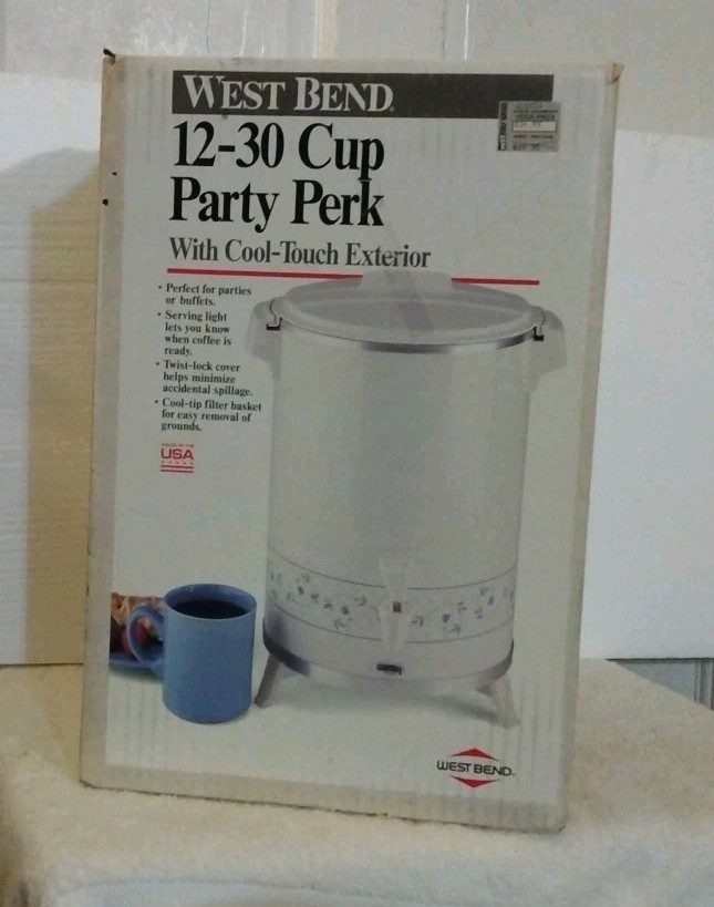 West Bend Party Perk Percolator Coffee Maker 12-30 Cups White with Floral Motif