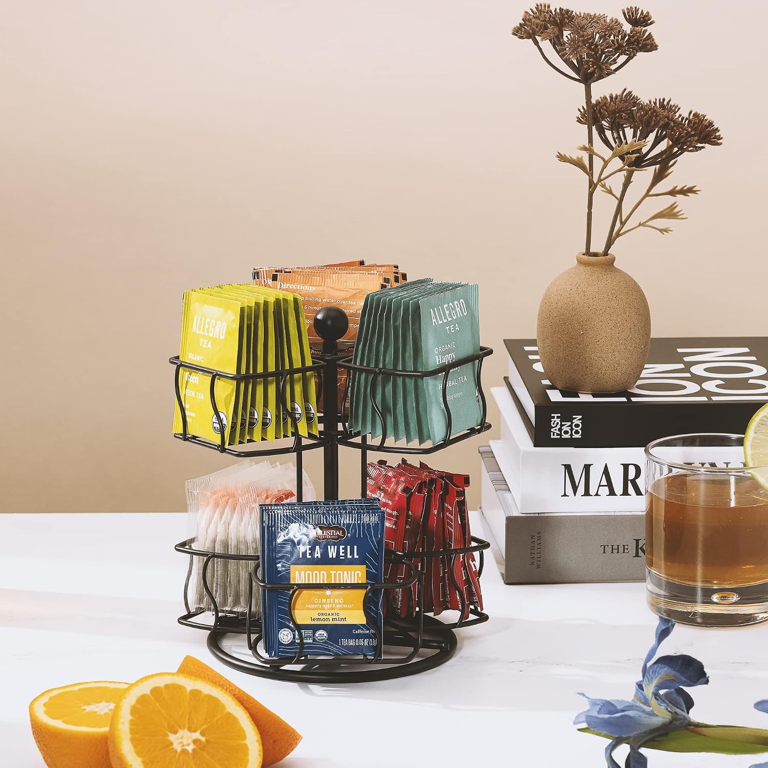 Tea Bag Spinning Carousel Tea Caddy Organizer Countertop Holds 60 Bags