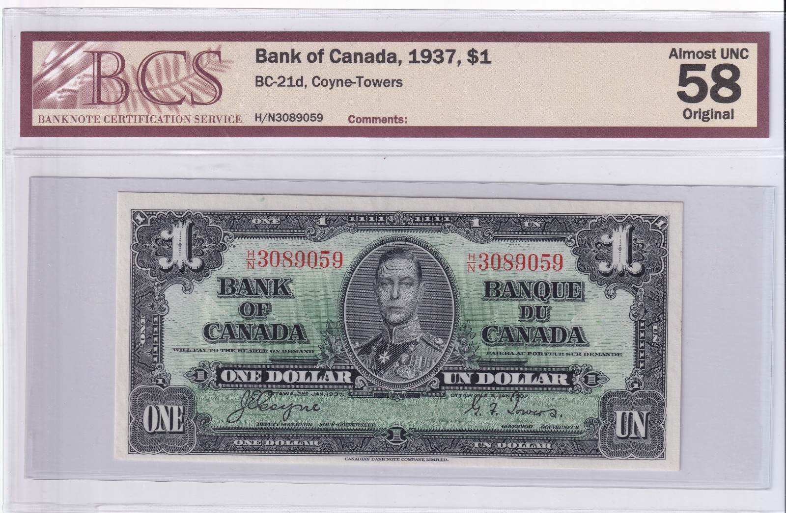 Canada 1937 $1 One Dollar Banknote Coyne - Towers BCS Graded Almost UNC AU58