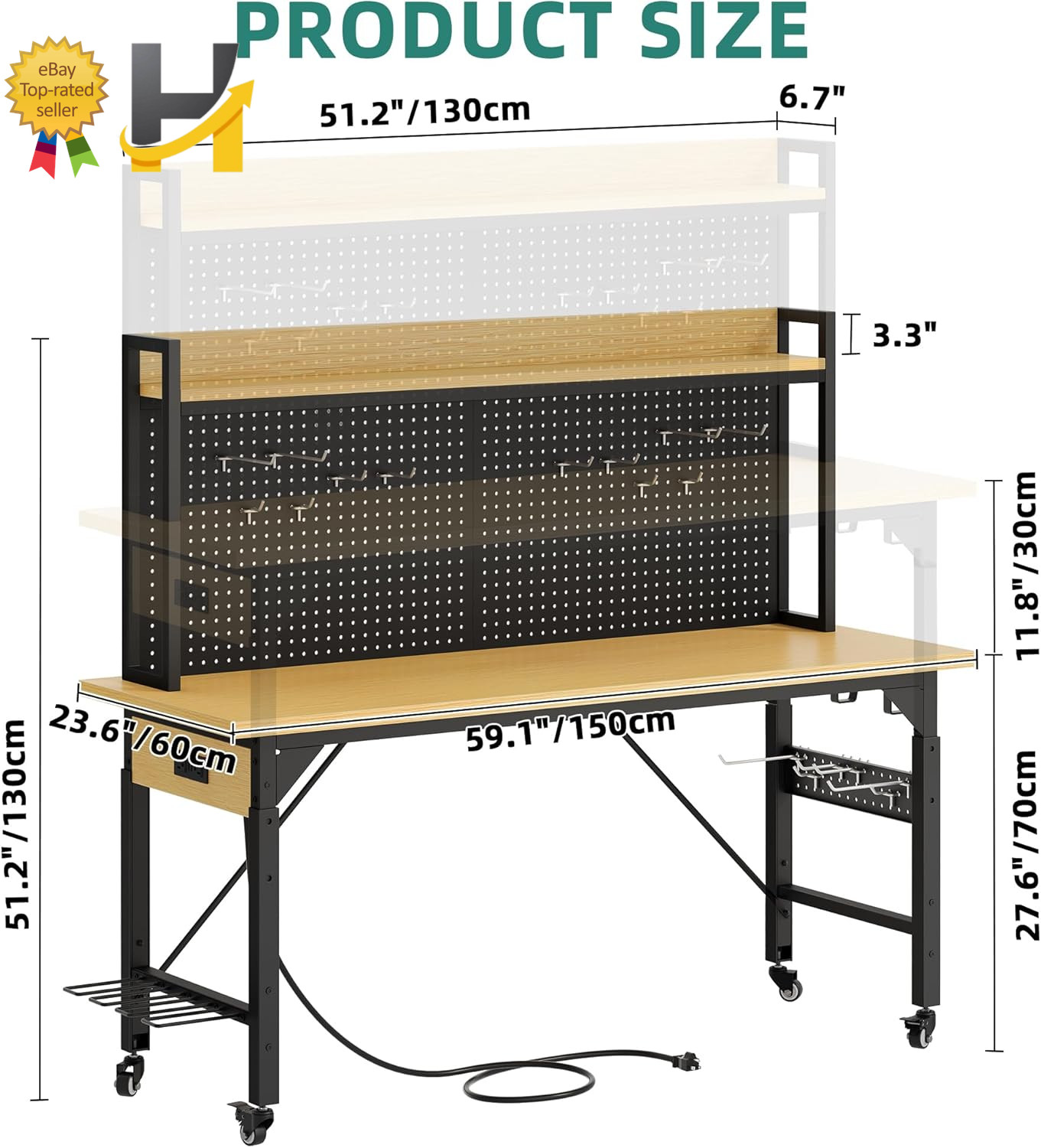 60In Adjustable Workbench with Pegboard & Wheels 1600Lb Load Rolling Work Table