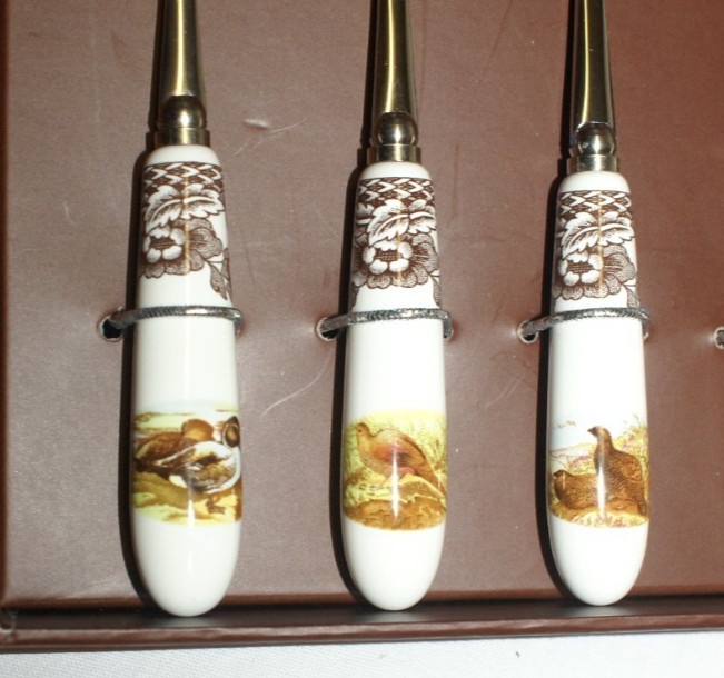 6 Spode Woodland Motif Cocktail Pastry Forks Porcelain Ceramic Stainless Steel
