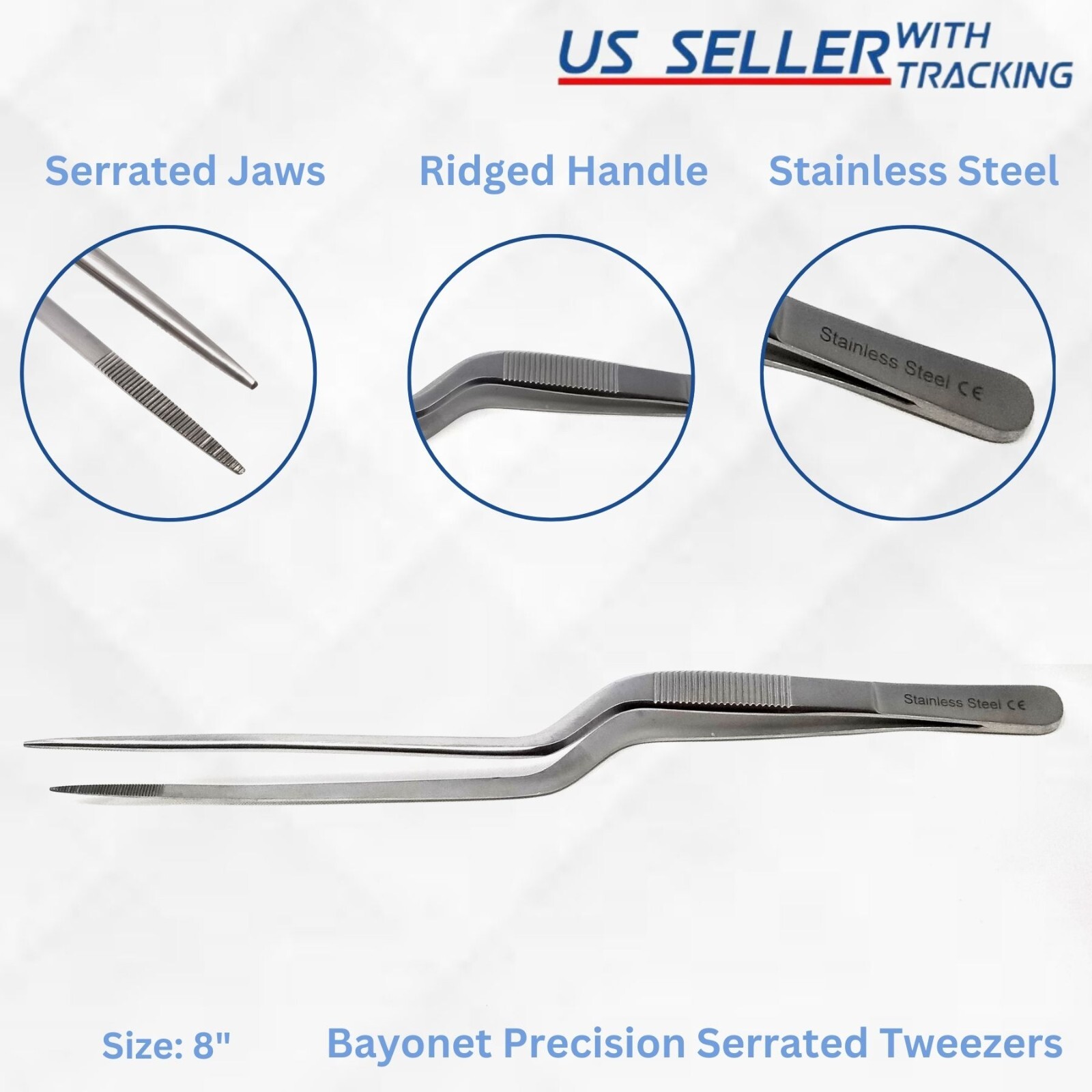 8" Precision Offset Lab Tweezers/Forceps Stainless Steel Serrated Fine Point Tip