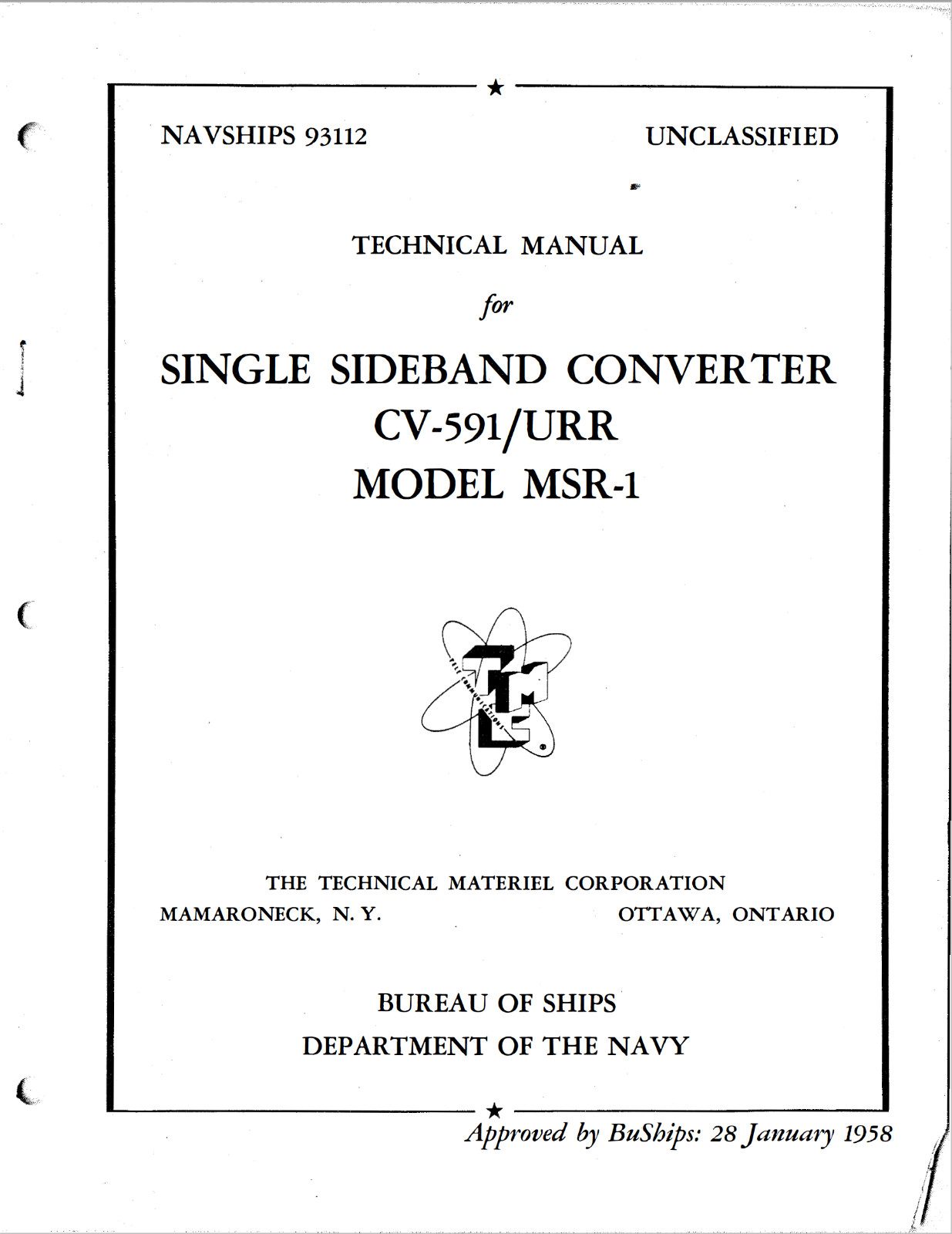 43 Page NAVSHIPS 93112 SINGLE SIDEBAND CONVERTER J CV-591/URR MSR-1 Manual on CD