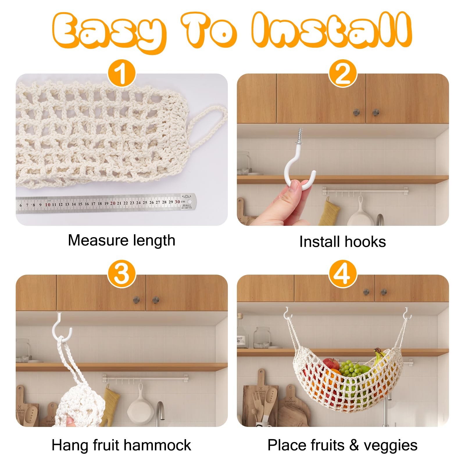 Hanging Fruit Hammock Under Cabinet Cotton Macrame Fruit Storage Net with 4 H...